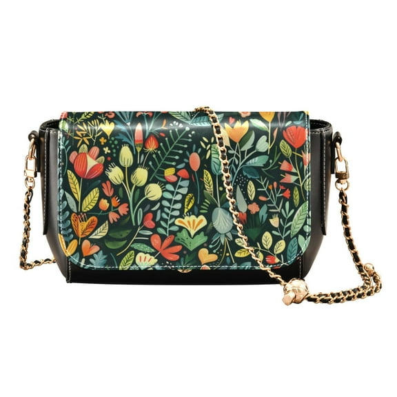 Leather Clamshell Crossbody Bag 10.4x5.5x3.7Inch Women's Crossbody Handbags Shoulder Purse Bank Card Bag Cash Bag Key Bag Cartoon Flowers Seamless