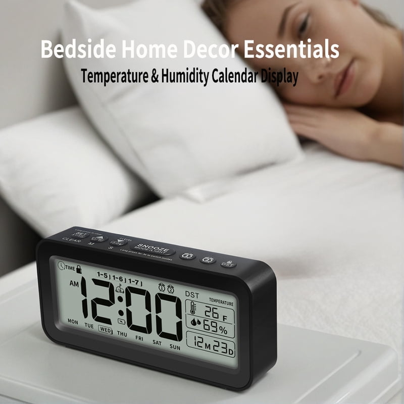 Digital Alarm Clock with Temperature Humidity Countdown LCD Calendar Weekday Display Battery Powered for Home Office Décor