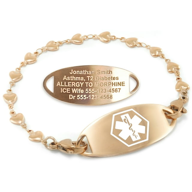 MedicEngraved Rose Gold Stainless Steel Custom Medical Alert Bracelet - 5mm Heart Link