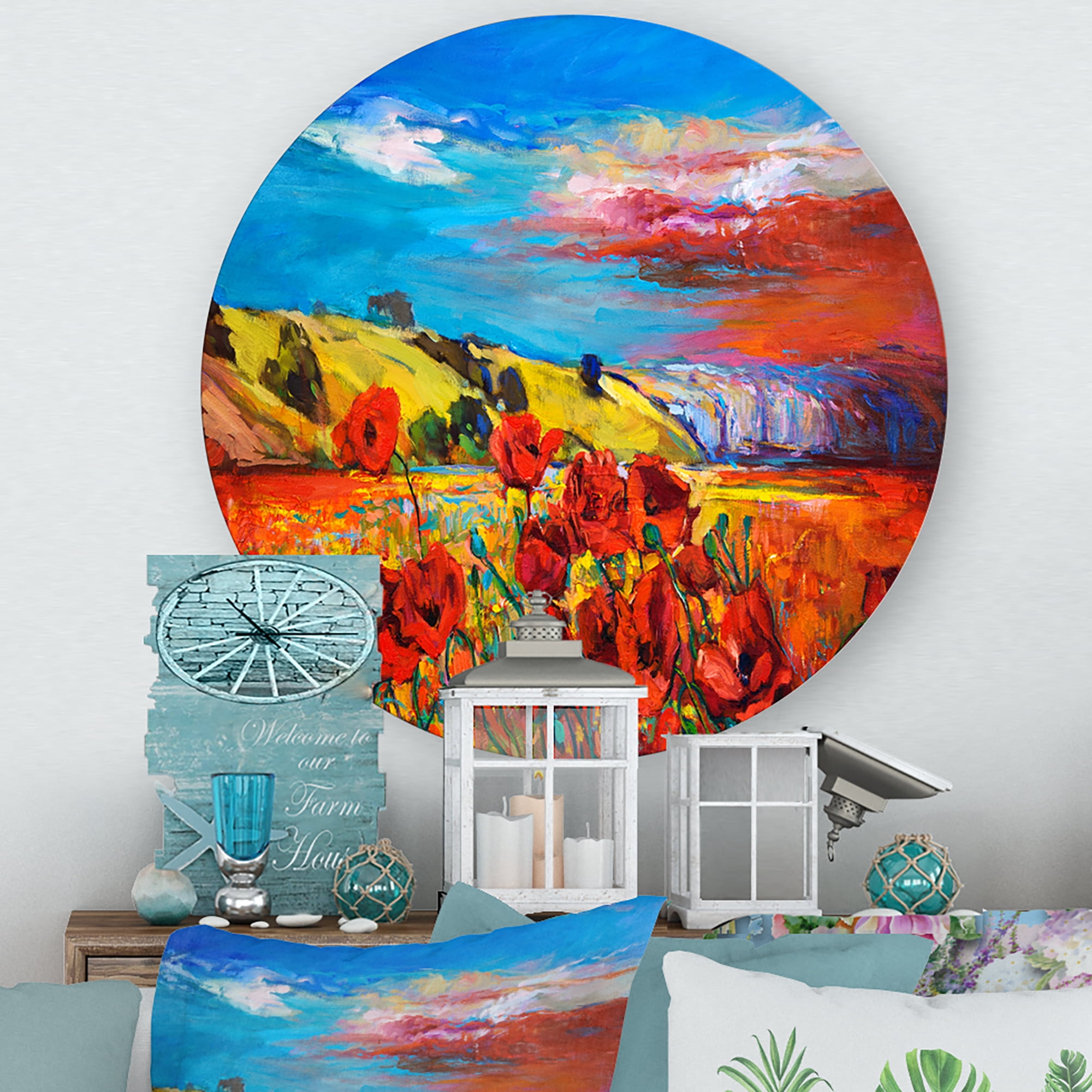 Designart 'Blossomg Red Poppies Under A Blue Sky' Traditional Circle Metal Wall Art 11x11 - Disc of 11