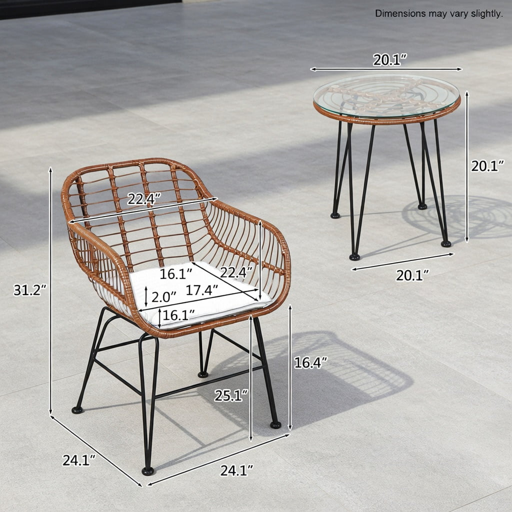 Hommoo 3-Piece Outdoor Rattan Bistro Set with Removable Cushions, Steel Frame, Tempered Glass Table, Gray