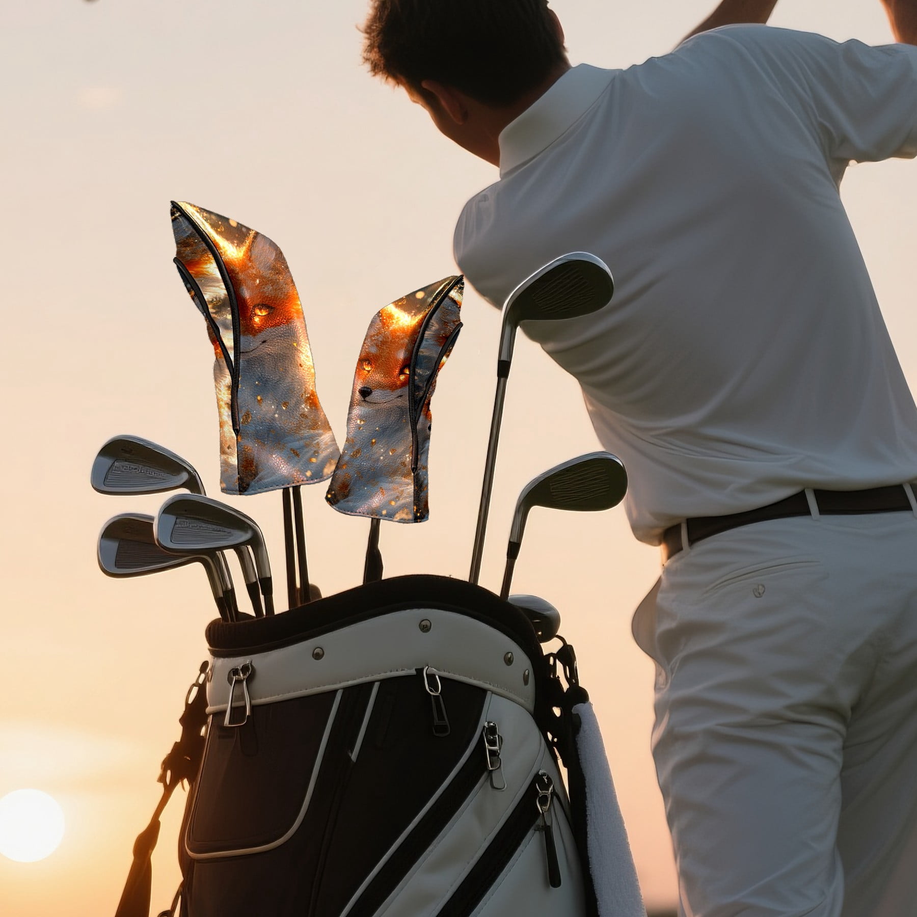Golf Club Covers PU Leather Waterproof Head Covers for Fairway Woods Hybrids Glowing Fox Unisex Fits Most Brands