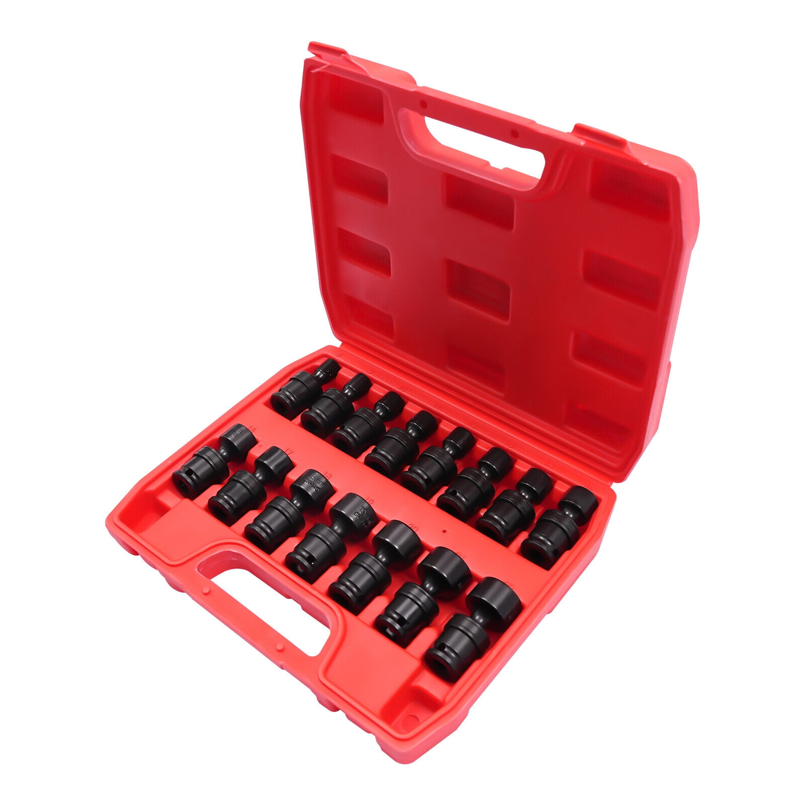 Universal Joint Socket Set 15PCS 3/8" Socket Set 8mm-22mm Swivel Socket Set - Black Red