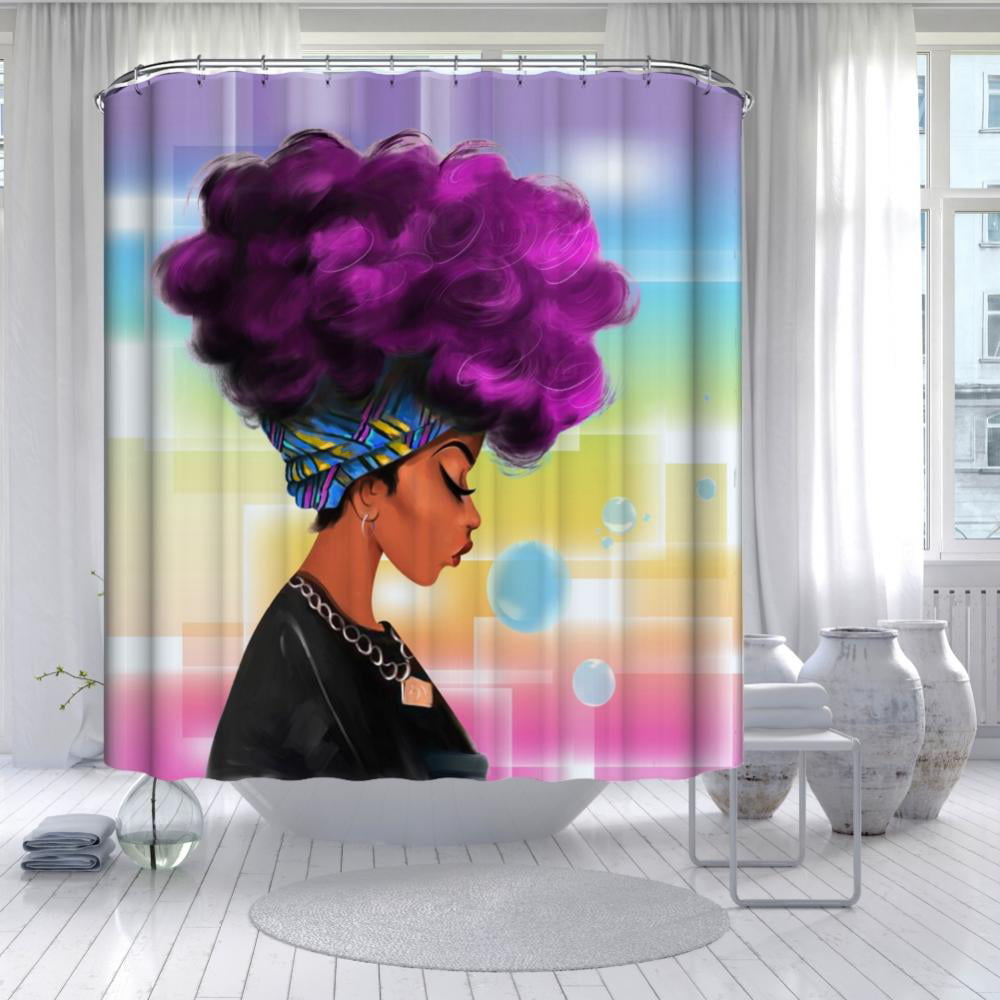 African American Purple Hair Afro Girl Waterproof Fabric Bath Shower Curtain Mat 