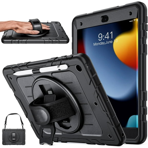 CACOCO-Ipad 9Th/ 8Th/ 7Th Generation Case 10.2 Inch, Shockproof Case For Ipad 10.2 2021/2020/2019 Cover With Pencil Holder, 360° Rotatable Hand Strap Shoulder Strap For Ipad 9/8/7 Gen Case (Black)