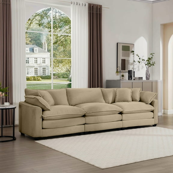 CoSoTower Mid-Century Modern Sectional Sofa 3-Seater Sectional Sofa with 2 Arm Pillows and 3 Pillows, Living Room Sectional Tan Corduroy Fabric