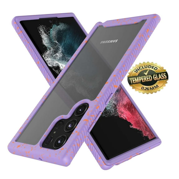 Sturdy Clear Case for Galaxy S22 S22 Pro S22 S22 Ultra 5G 2022, Tekcoo Full Body Heavy Duty Protection Tempered Glass Screen Protector Shockproof Rugged Case Cover -Purple