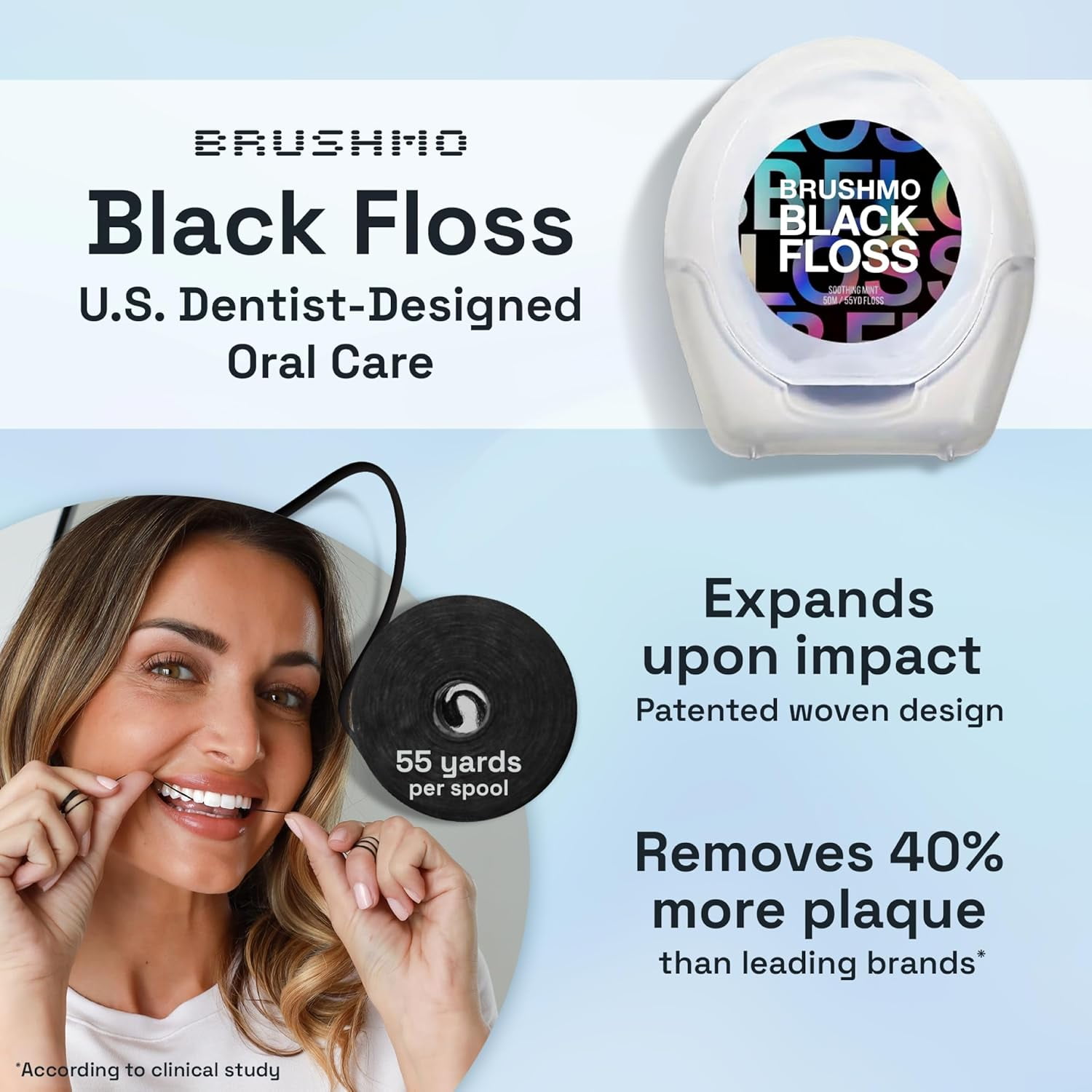 Brushmo Black Expanding Woven Dental Floss, Soothing Mint, Natural Wax, Dentist-Designed, Vegan, 5 Spools (275 yd)