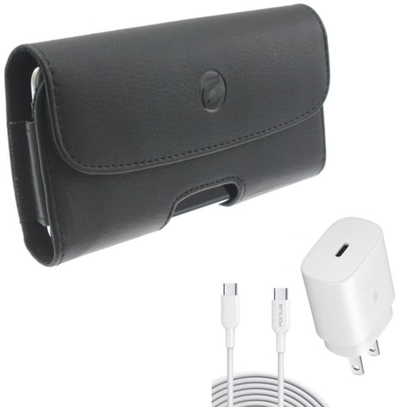 PD Type-C 25W Fast Home Charger w Leather Case Belt Clip for Samsung Galaxy A73 5G,A13 5G,A03s Phones - 6ft USB-C Cable Quick Power Adapter, Holster Cover Pouch Loops