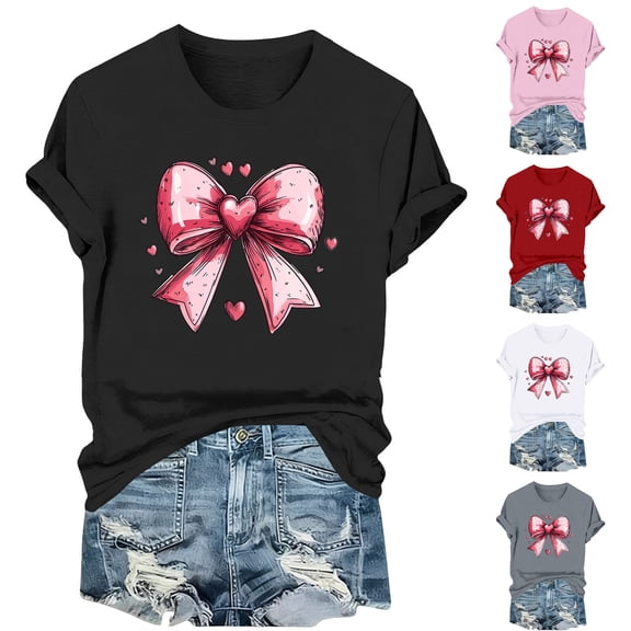 FRSASU Valentine's Day Heart T-Shirt for Women - Pink Bow Print Casual Short Sleeve Top, Loose Fit Round Neck Tunic Blouse White