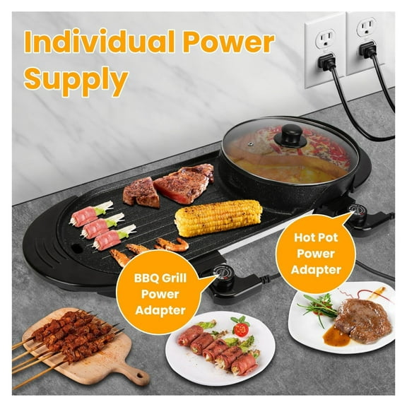 Electric Hot Pot & Grill 2200W - 2-in-1 Smokeless Korean BBQ Grill Shabu Shabu Hot Pot with Independent Temperature Control, 5 Gears, for 2-10 People