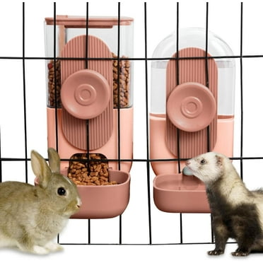 OhhGo Hanging Automatic Food Water Dispenser, 2Pcs Gravity Pet Feeders and Waterers for Cats, Dogs, Rabbit Cage Food Bowl, Pink