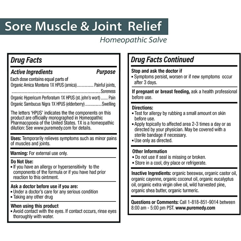 Puremedy Sore Muscles and Joint Relief Homeopathic Skin Salve, 2 oz