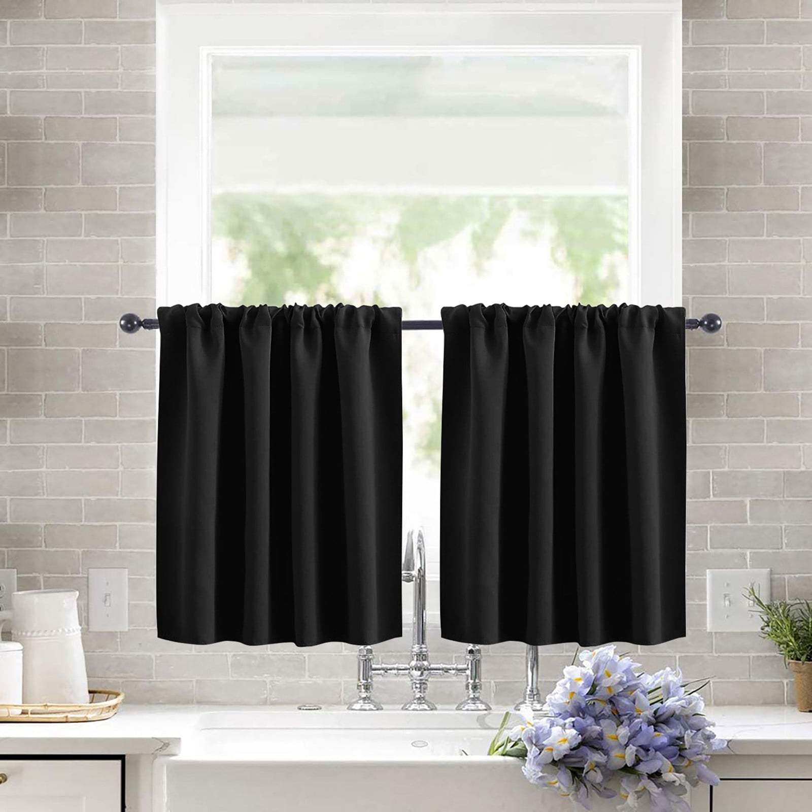 Short Blackout Curtains for Kitchen, Thermal Insulated Out Curtain for Bedroom, Rod Pocket Drapes for Bathroom Small Window, Black