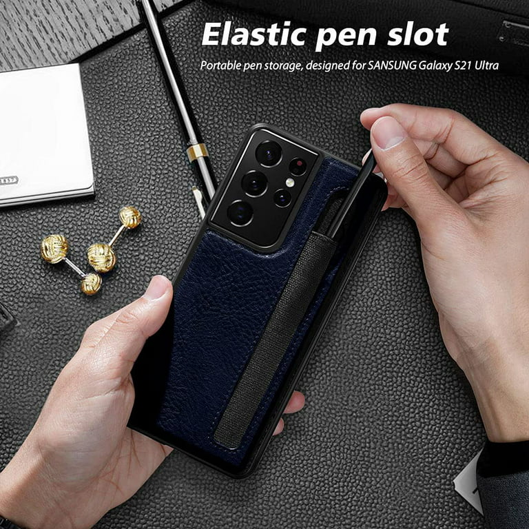 for Galaxy S21 Ultra 5G Case with S Pen Holder, Slim Soft TPU and Leather  Hybrid Pen Slot Case - Blue 