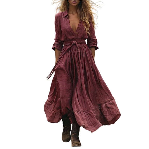 CIENVNSTG Fashionable Retro V-Neck Long Sleeve Maxi Dress Elegant Skirt High Waist Comfortable Long Dress Red S