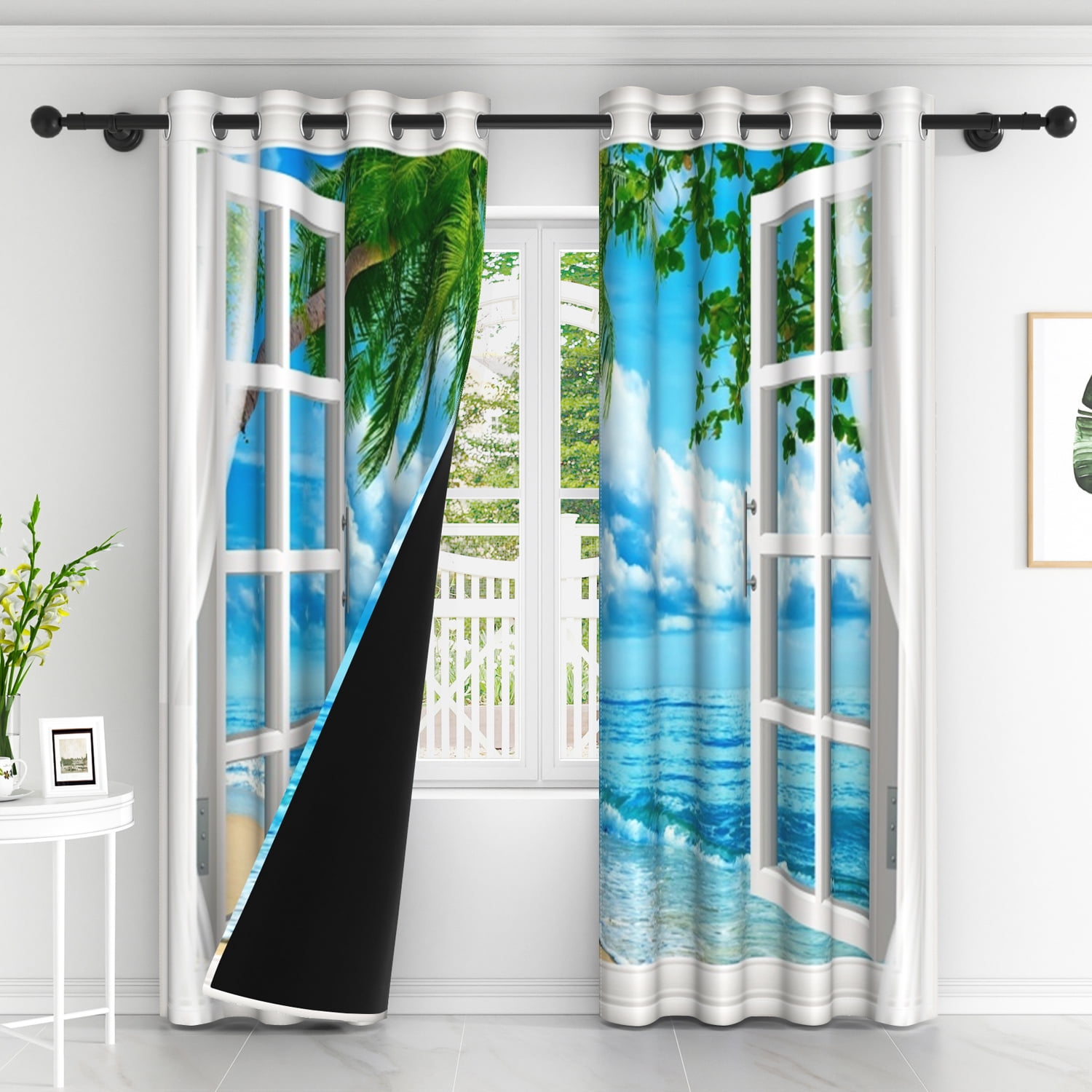 Tropical Ocean Beach Blackout Curtains, Room Darkening Grommet Curtains, White Window View, 52"x63", 2 Panel
