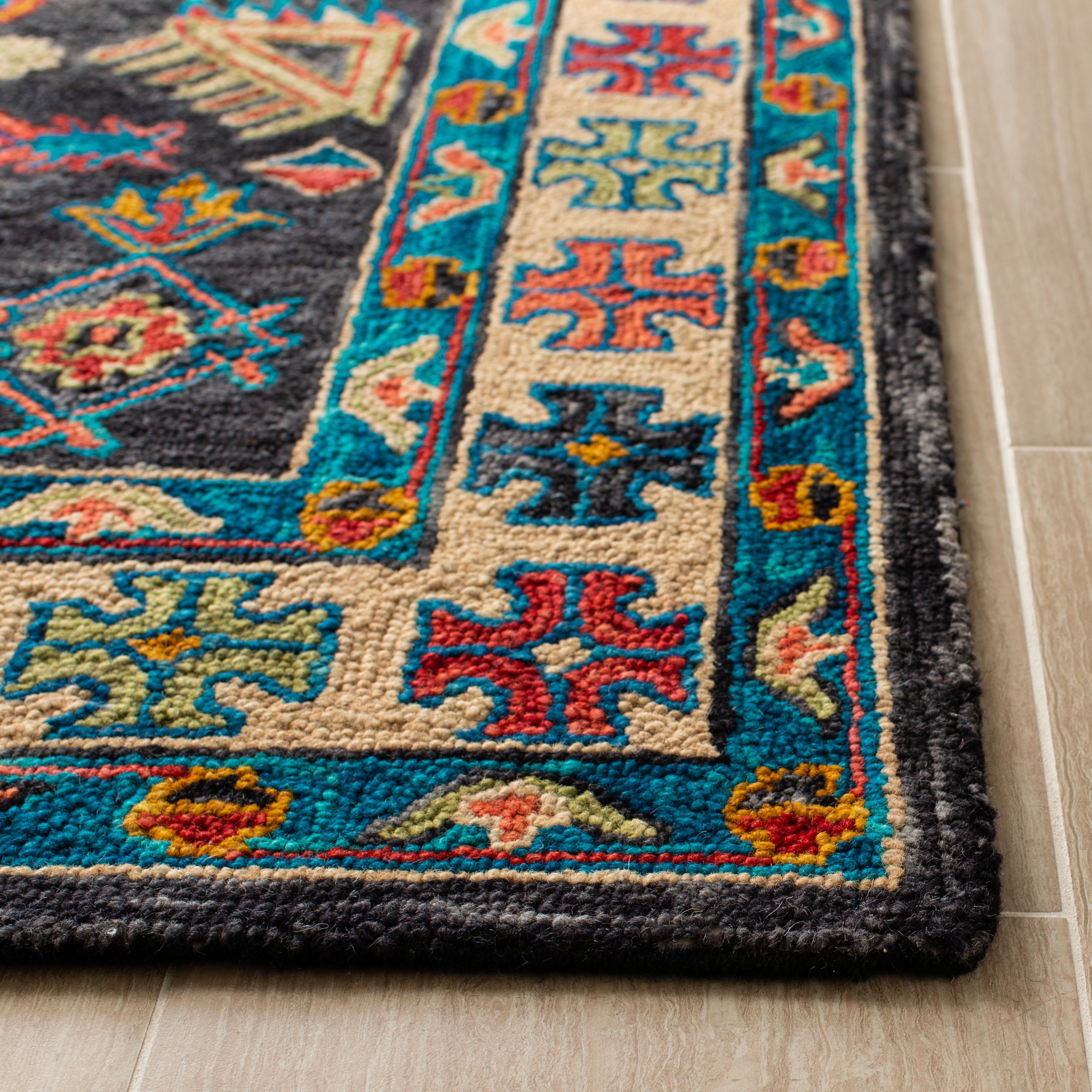 SAFAVIEH Aspen Ermintrude Floral Bordered Wool Area Rug, Charcoal/Blue, 11' x 15'