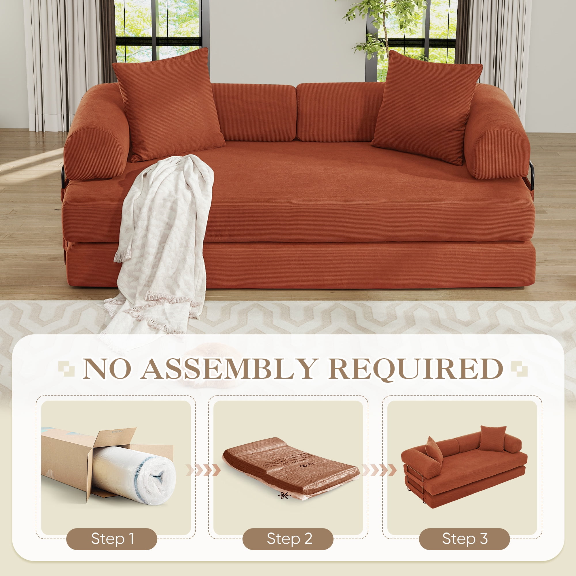 Timbernest 78.5" King Size Sofa Bed, 4 in 1 Convertible Sofa bed, Corduroy Boneless Floor Sleeper Sofa, Orange