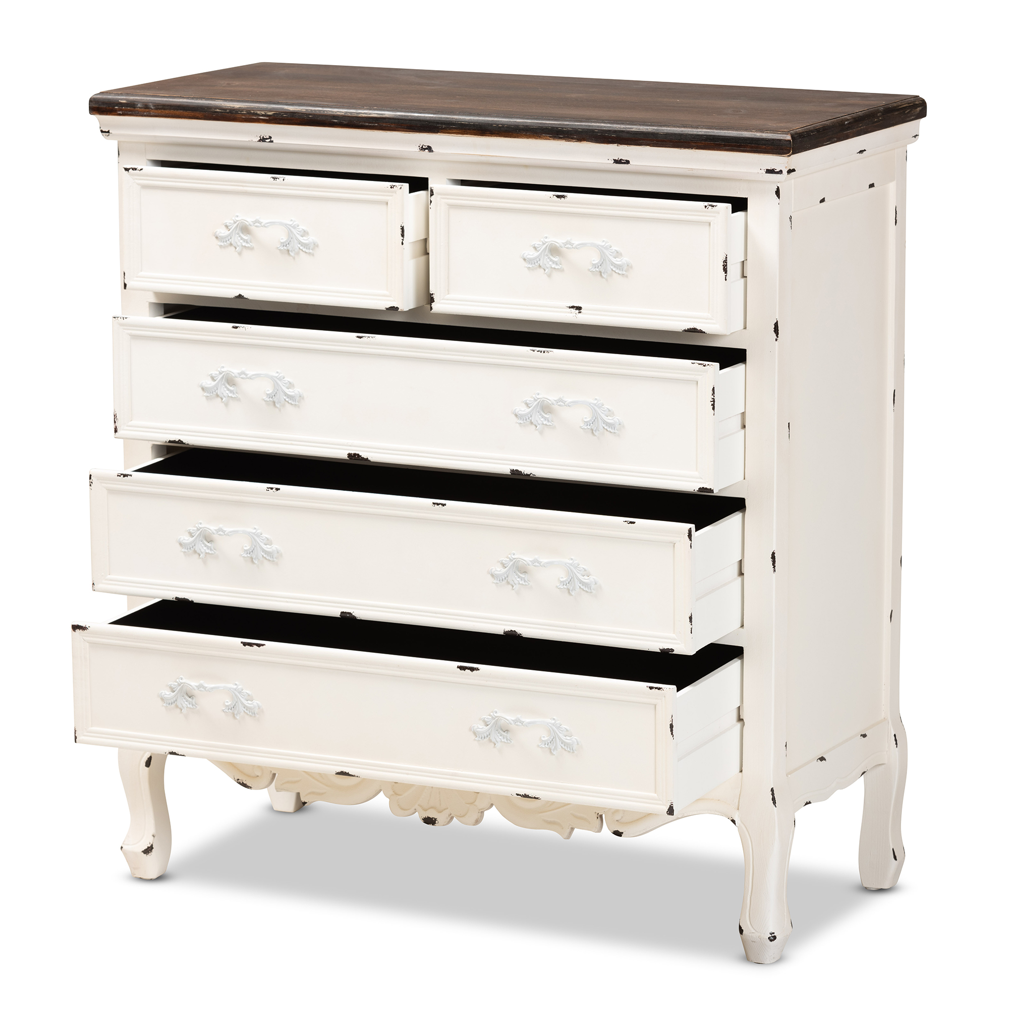 Baxton Studio Levron Classic and Traditional Two-Tone Walnut Brown and Antique White Finished Wood 5-Drawer Storage Cabinet