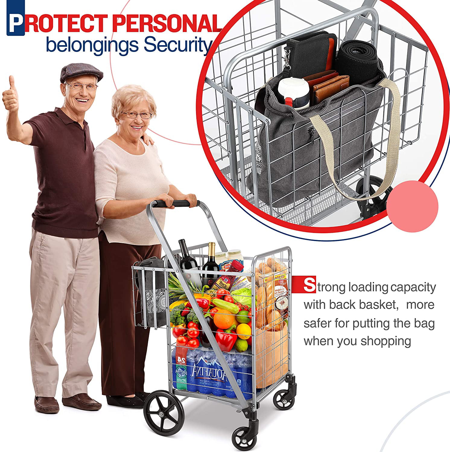 VEVOR Folding Shopping Cart with Removable Waterproof Liner, 330LBS Large  Capacity Jumbo Grocery Cart with Dual Basket, 360° Swivel Wheels, Dense  Metal Mesh Base, Heavy Duty Utility Cart for Shopping