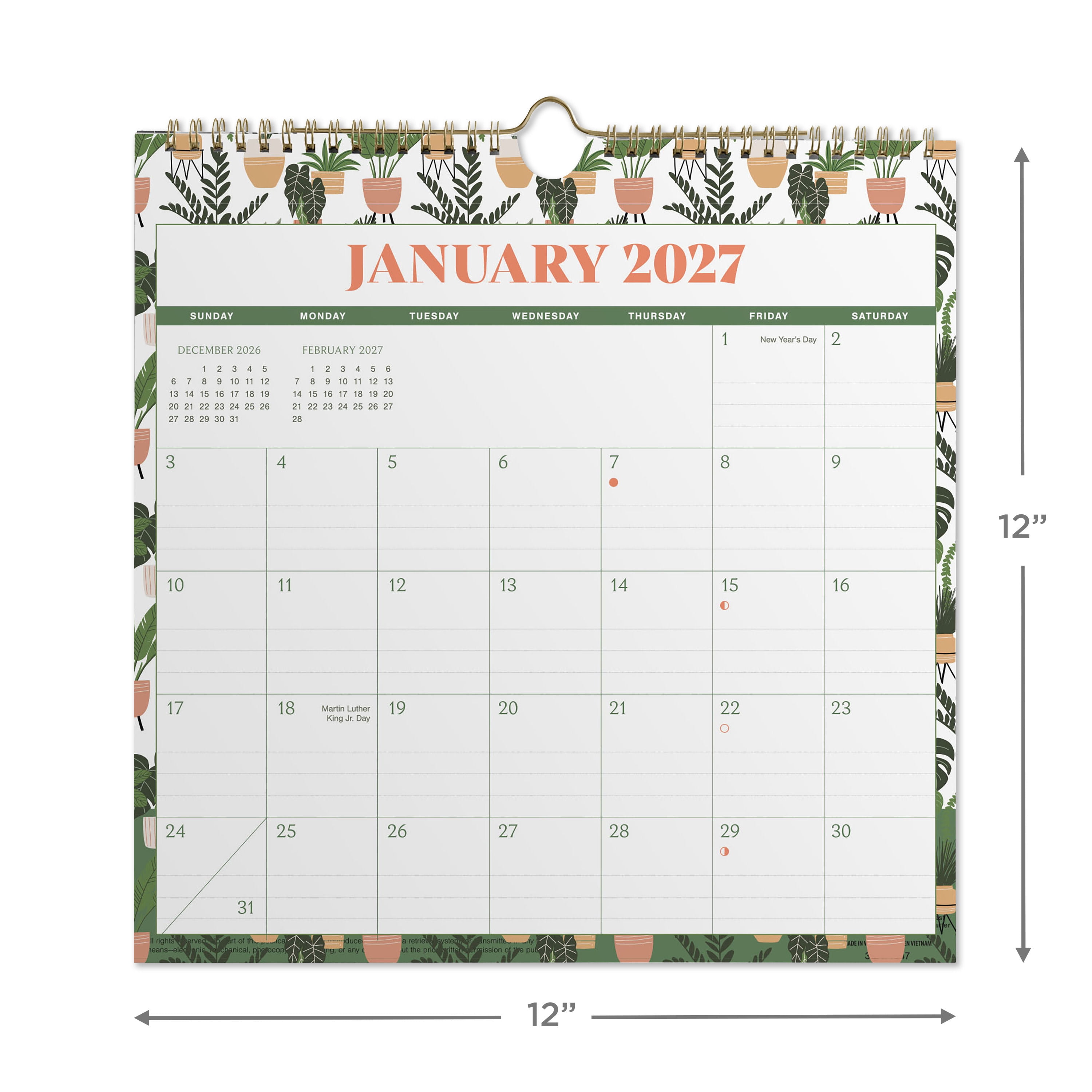2027 Pen+Gear Succulents Spiral Calendar 12x12 January-December Gridded
