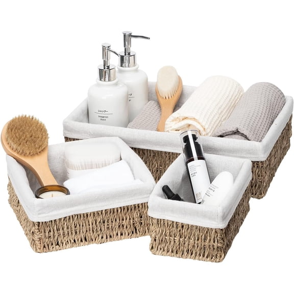 Seagrass Storage Baskets with Liner,  Small Seagrass Baskets, Hand-woven Nesting Wicker Baskets Set for Shelves Rectangle 3Pack (L+M+S)