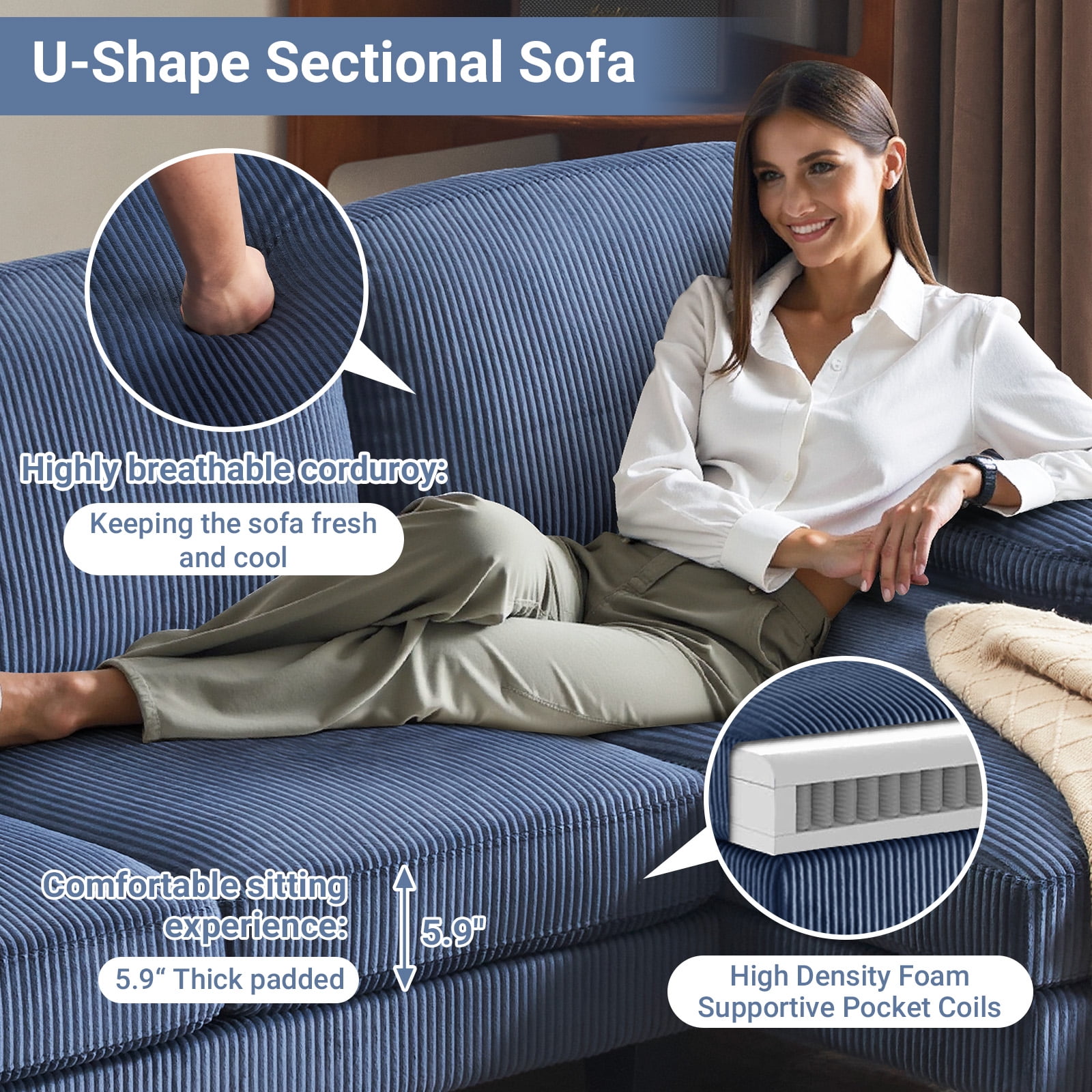 Ktaxon U-Shaped Sectional Sofa, 111"  Corduroy Couch, 4 Seat Lounge Sleeper with Double Chaise for Living Room Blue