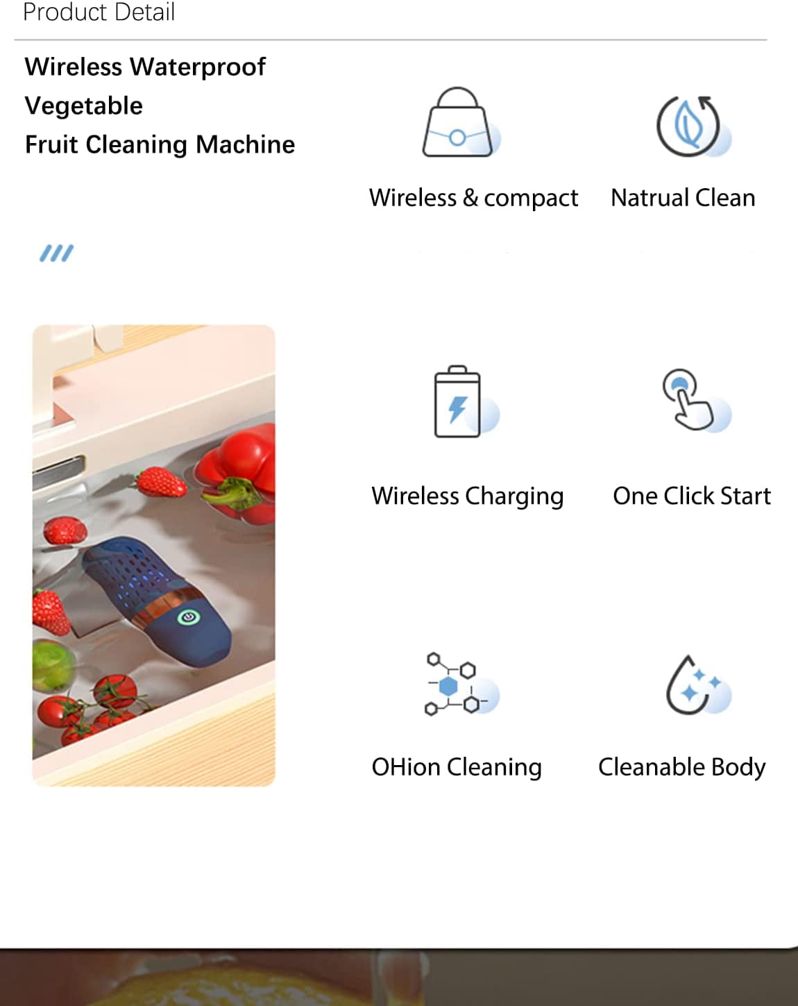 Fruit and Vegetable Cleaner Machine, Wireless Food Purifier with OH-ion Technology, 99.9% Sterilization Device for Fruits Grain Meat, USB Rechargeable