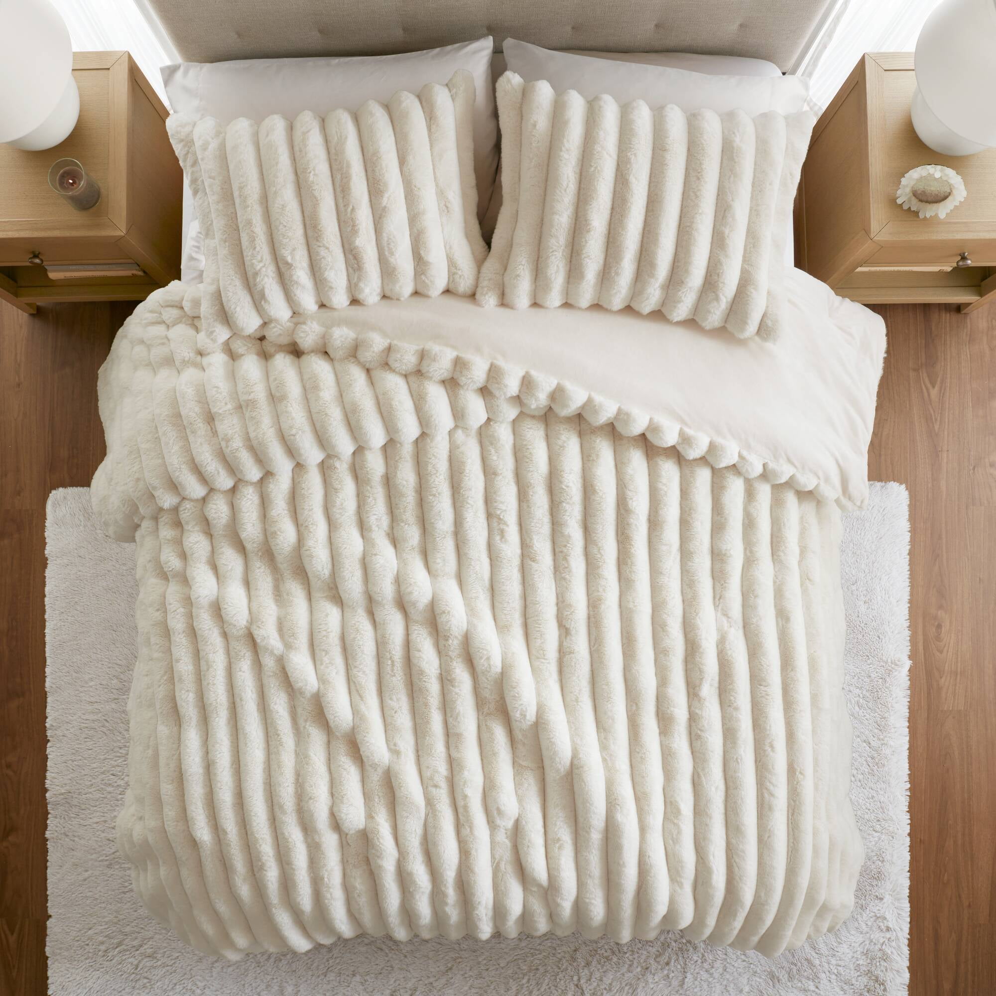 Regency Heights King Size Comforter Sets, Ivory Fluffy Ribbed Plush Bedding Set, 3-Piece Faux Fur Ribbed Bedding Comforter Set