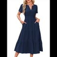 thumbnail image 2 of Vestido Midi Bohemio de Playa para Mujer, Informal, Ligero, de Verano, con Mangas , Escote en V y Cintura Elástica, con Bolsillos. Azul Marino S, 2 of 8