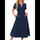 thumbnail image 2 of Vestido Midi Bohemio de Playa para Mujer, Informal, Ligero, de Verano, con Mangas , Escote en V y Cintura Elástica, con Bolsillos. Azul Marino L, 2 of 8