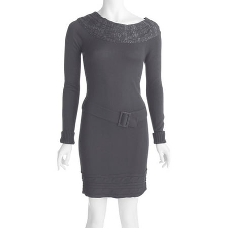 Women's Long-Sleeve Belted Sweater Dress - Walmart.com
