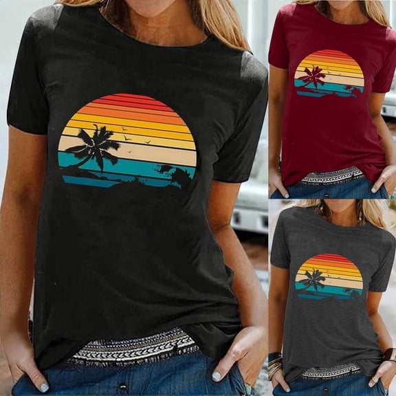 FRSASU Womens seaside printed Summer Tops Trendy Cap Sleeve T Shirts Crew Neck Clothes Fashion Wine