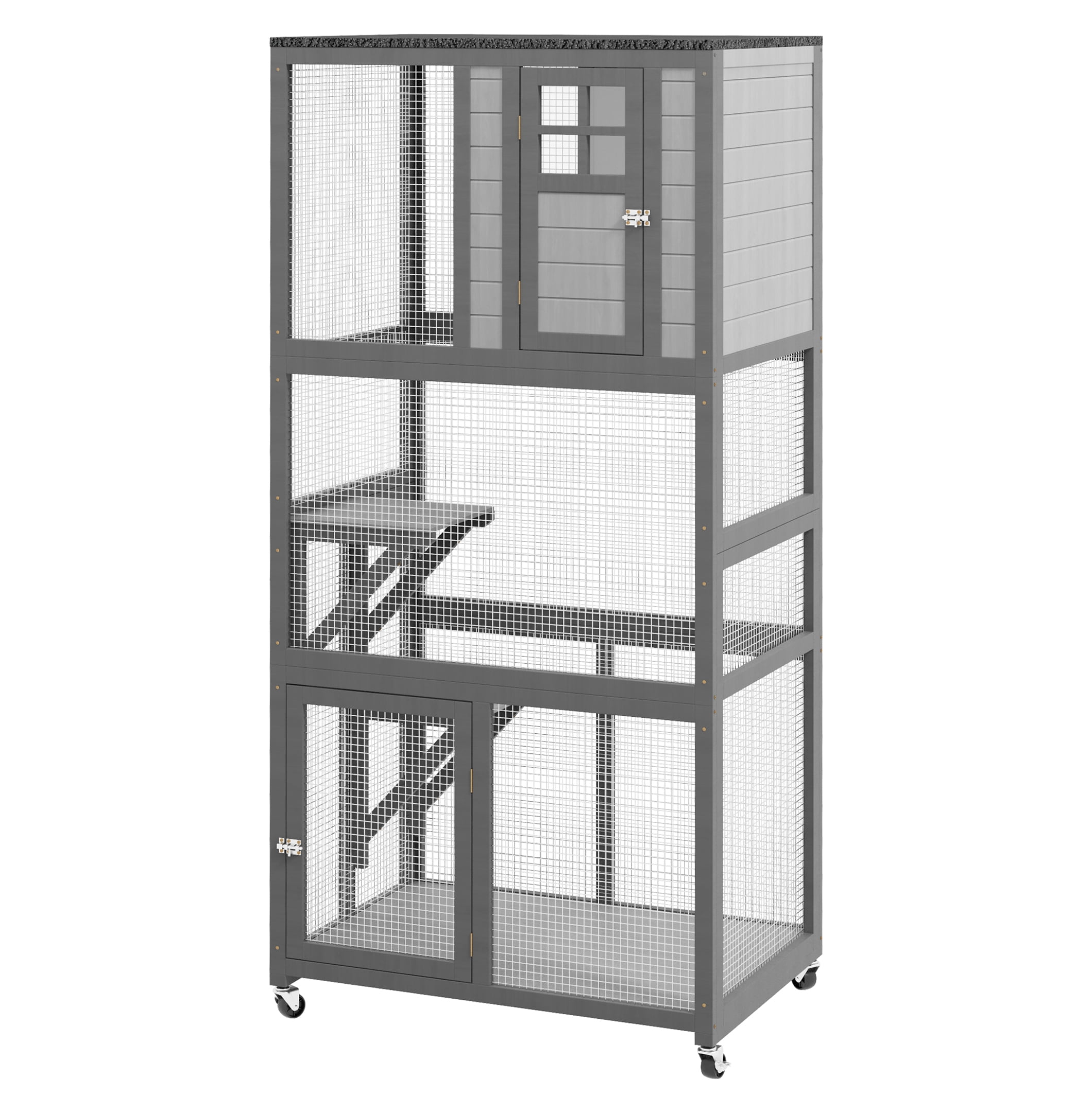 74" Wooden Catio Outdoor Cat House Weatherproof & Wheeled, Outside Cat Enclosure with High Weight Capacity, Kitten Cage Condo, Light Gray