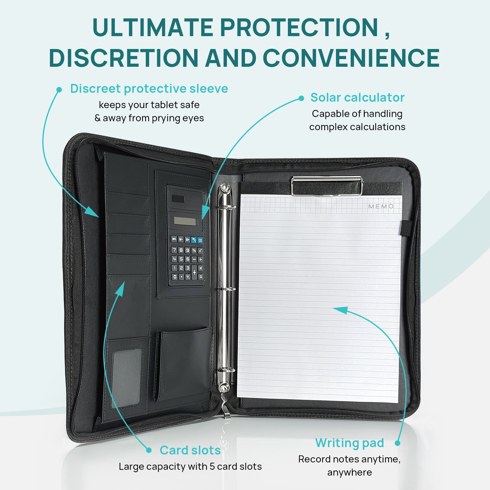 AGCAN Padfolio Portfolio with Zipper, Black Vegan Leather Business 3 Ring Binder Binder, Protective 10.1 Inch Tablet Sleeve, Solar Calculator, Business Card Storage Included Letter Sized Writing Pad