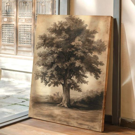 Velto Vintage Oak Tree Sketch Canvas – Antique Botanical Drawing Rustic Sepia Tree Illustration For Nature-Inspired Home Decor Canvas, 8x10 0.75-Inch Pine Wood Frame