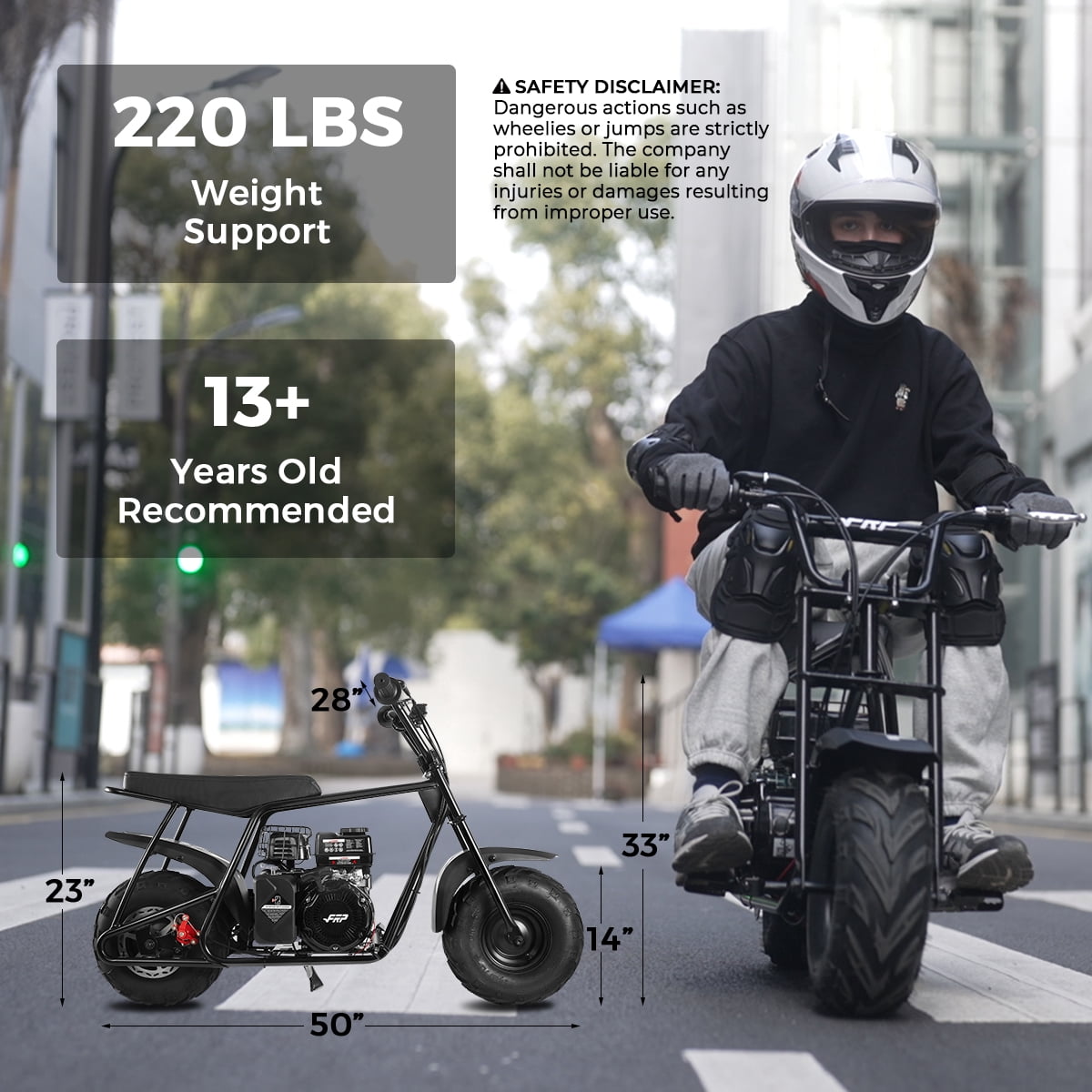 FRP GMB100 99cc Gas Powered Mini Dirt Bike with Training Wheels, 28MPH Off-Road Motorcycle for Teens and Adults, Up to 220 LBS, Enhanced Stability - Black