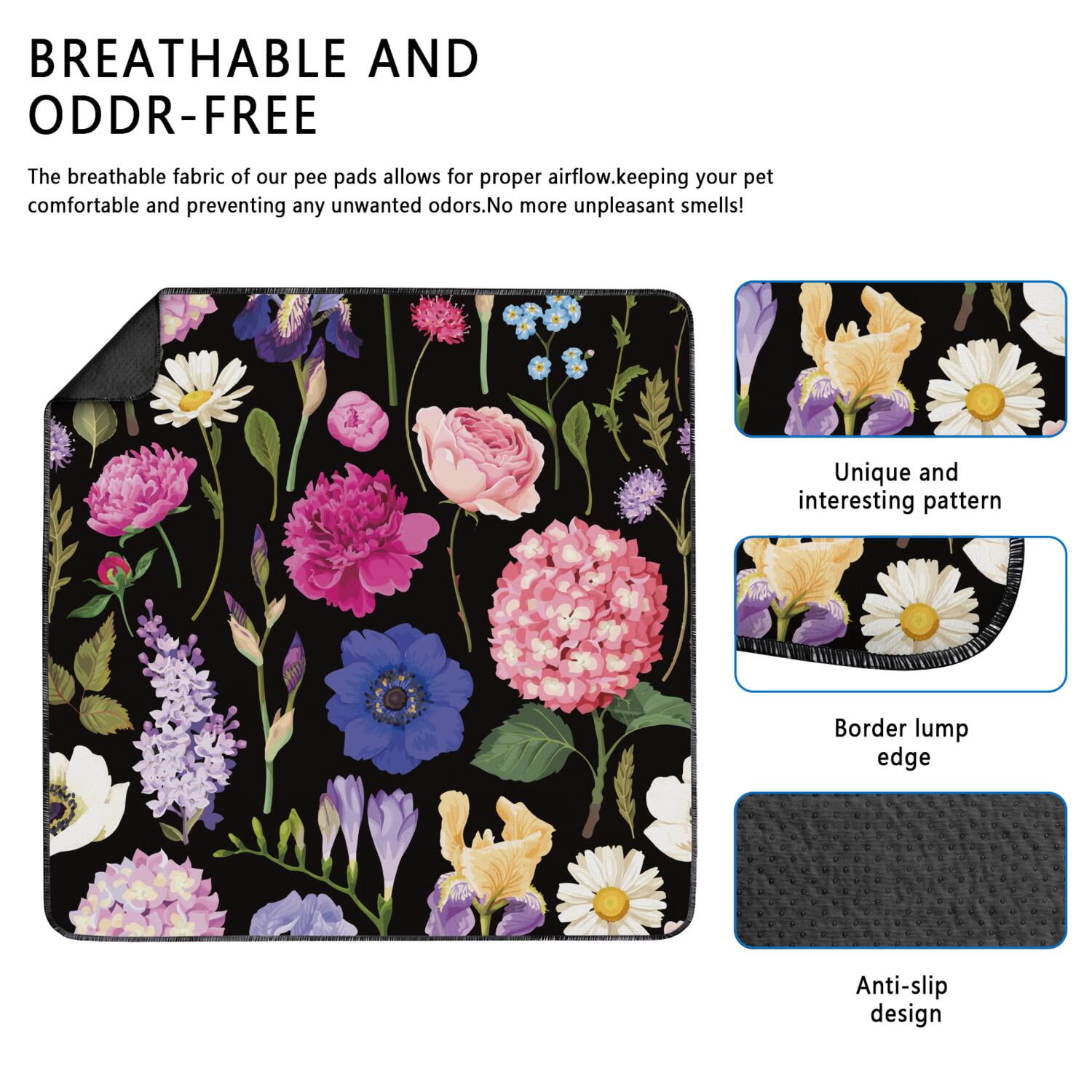 Extra Large 72x72 Inch Dog Pee Pads Washable, Highly Absorbent Reusable Potty Training Pads, Durable Leak-Proof Mat with Floral Design for Indoor Use