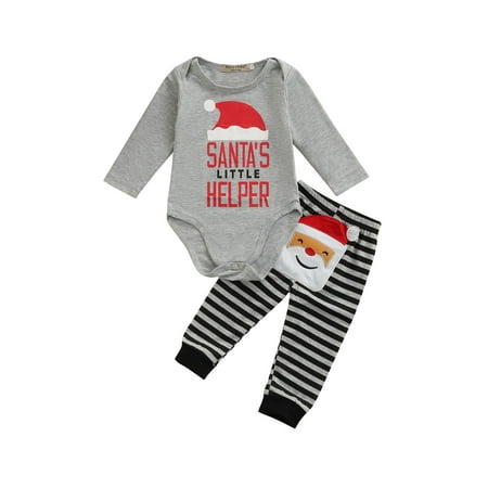 

AvoDovA Unisex Baby Christmas Clothes Set Letter Print Long Sleeve O-Neck Romper+Striped Patchwork Trousers 6-12 Months