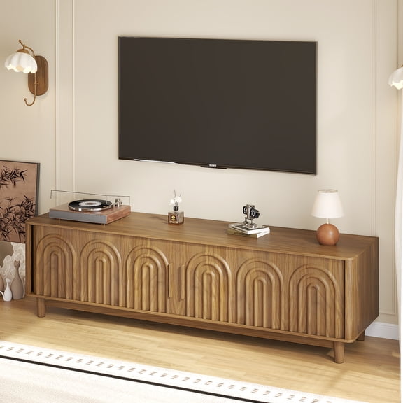 GODPAW 63" TV Stand for TVs Up to 70", Mid Century Entertainment Center with Sliding Doors, Storage & Cable Management, Fluted Arched
