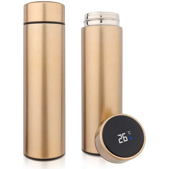 QiCheng&LYS - Tasse Isotherme avec Affichage de la Température 17 OZ/500ML Tasse de Voyage Isotherme Tasse de Sport Sans BPA, Sans PVC, Acier Inoxydable 304 Adaptée pour Eau Froide et Chaude (Doré)