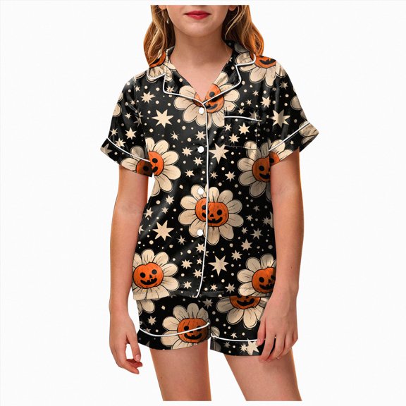 CAUYDY Kids Halloween Pajamas Sets Girl Button-Down Silk Sleepwear 2 Piece Short Sleeve Loungewear Clothes Set,4-5 Y