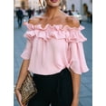 thumbnail image 5 of Women'S Off Shoulder Ruffle Short Sleeve Chiffon Blouse Pink XXL, 5 of 7