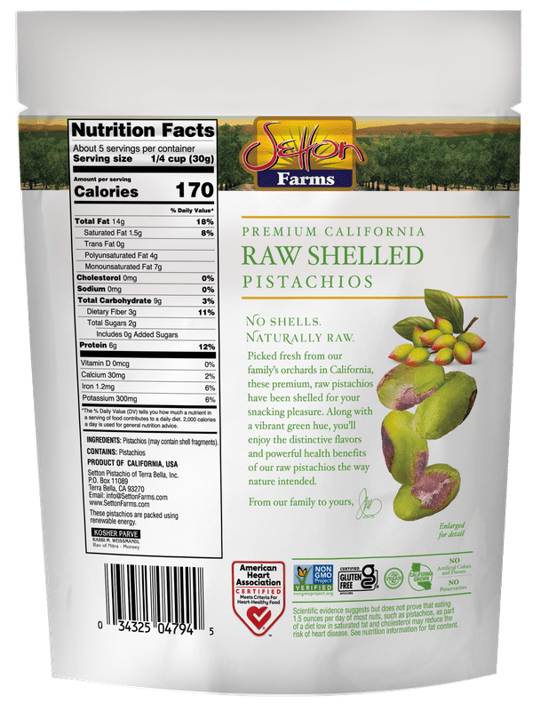Setton Farms Naturally Raw Shelled Pistachios, No Shell, Non-GMO Project Verified, Certified Gluten Free, Vegan and Kosher, Heart Healthy Snack, 5 Oz. (Also perfect for making Dubai Chocolate)