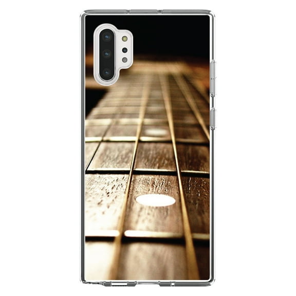 DistinctInk Clear Shockproof Hybrid Case for Galaxy Note 10 PLUS (6.8" Screen) - TPU Bumper, Acrylic Back, Tempered Glass Screen Protector - Guitar Strings Neck