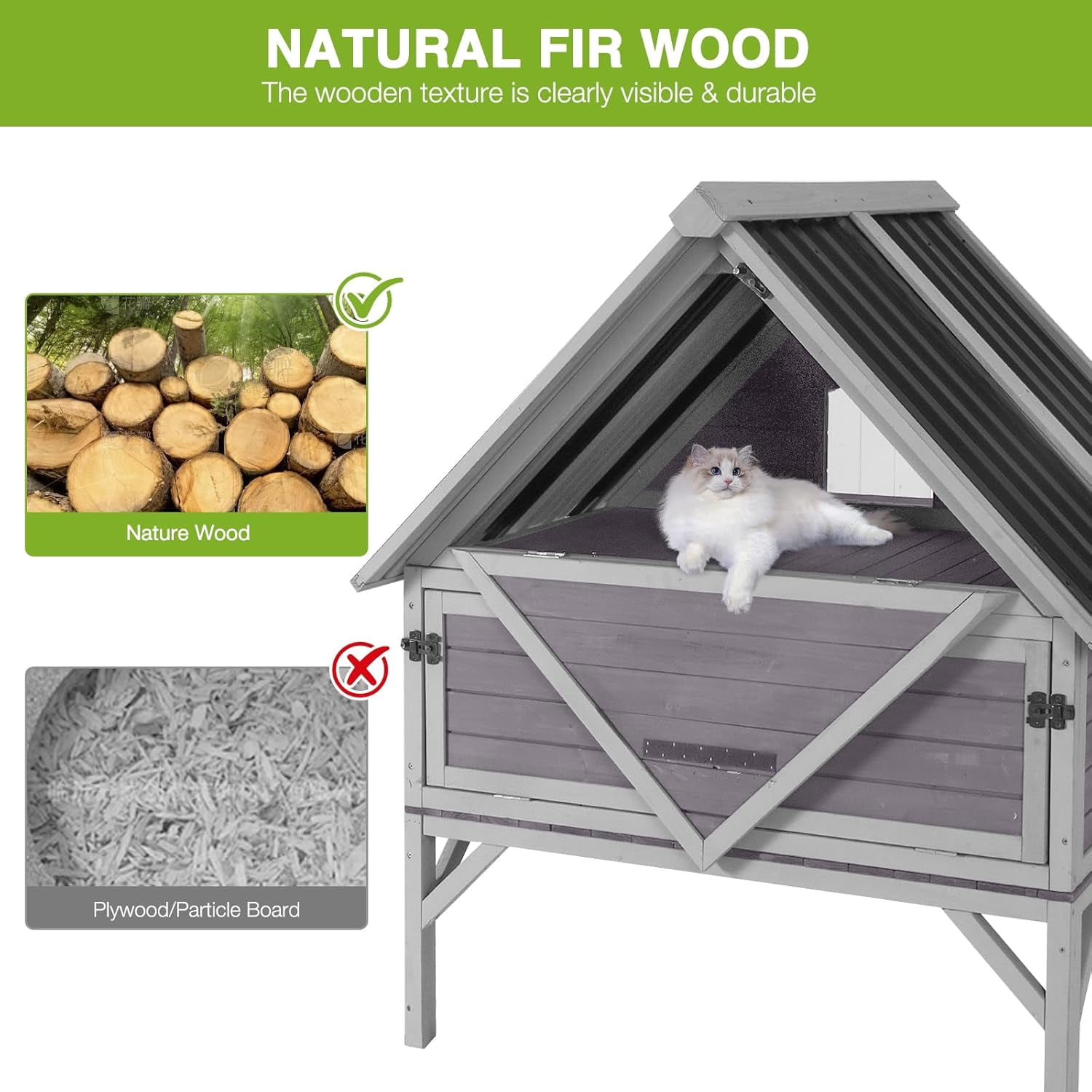 Aivituvin Outdoor Cat House Weatherproof Large Feral Cat Shelter with 2-Layer, Wooden Cat Condo with Balcony, Escape Doors and Openable Back Door for Multiple Cats Indoor