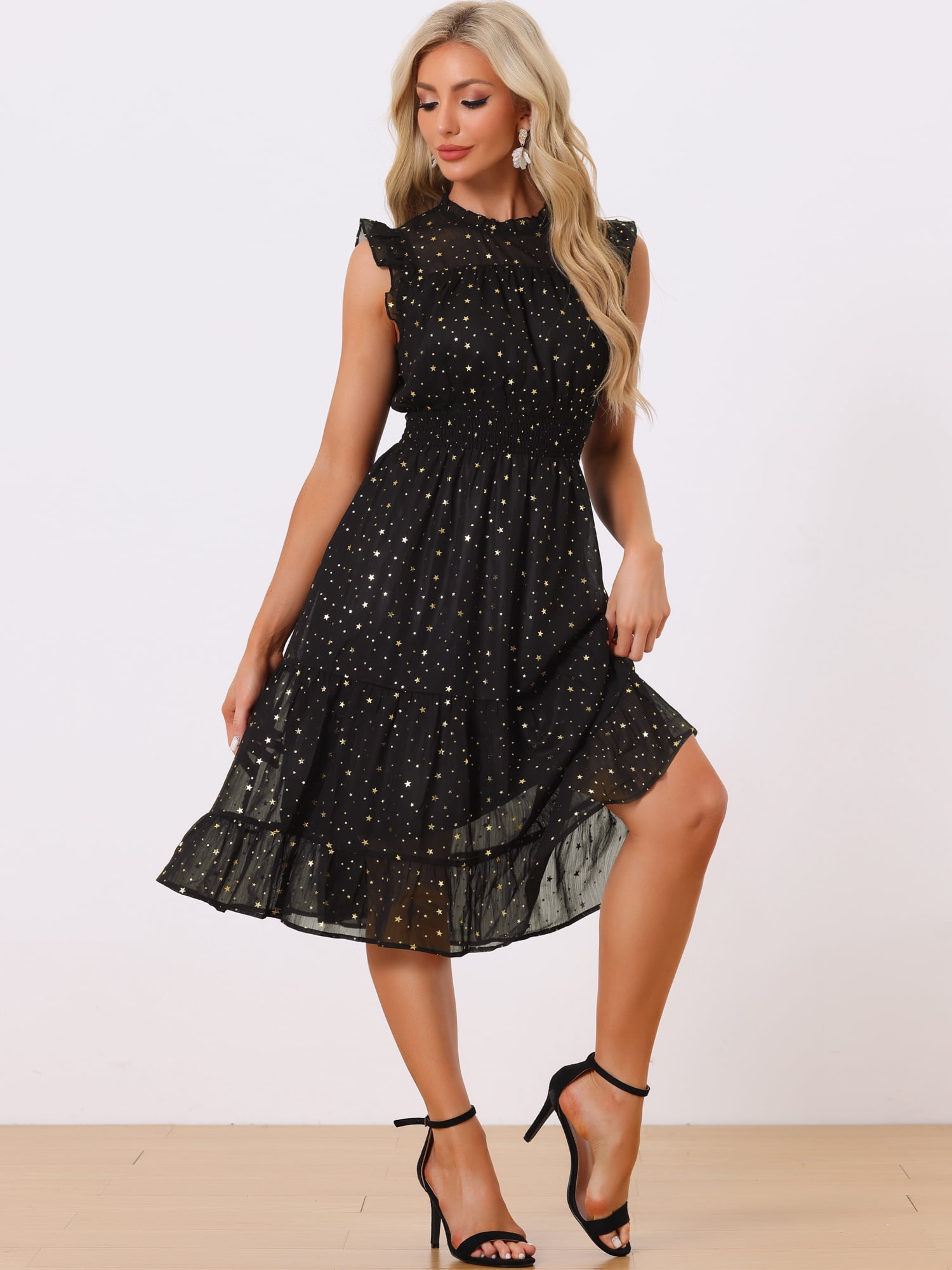 DARING DIVA Smocked Waist Gilding Metallic Stars Chiffon Dress S Black