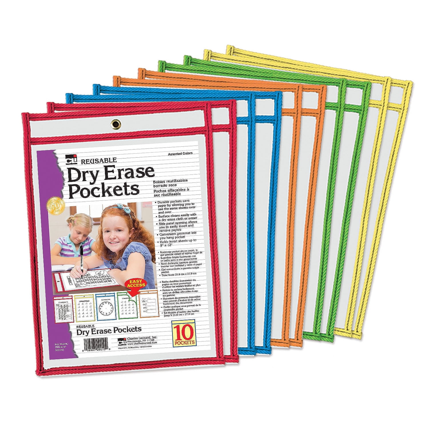 Charles Leonard Dry Erase Pockets, Set of 10 Write & Wipe Pockets, 101