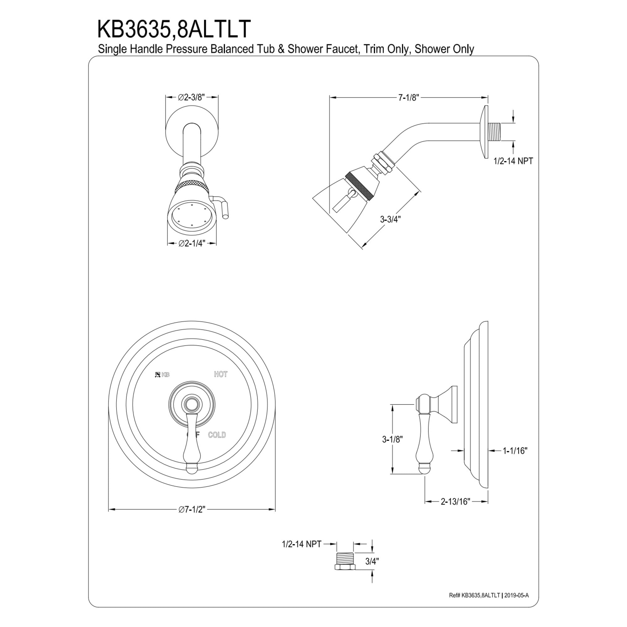 Kingston Brass KB3635ALTLT Single-Handle Pressure Balanced Shower Faucet, Trim Only, Oil Rubbed Bronze